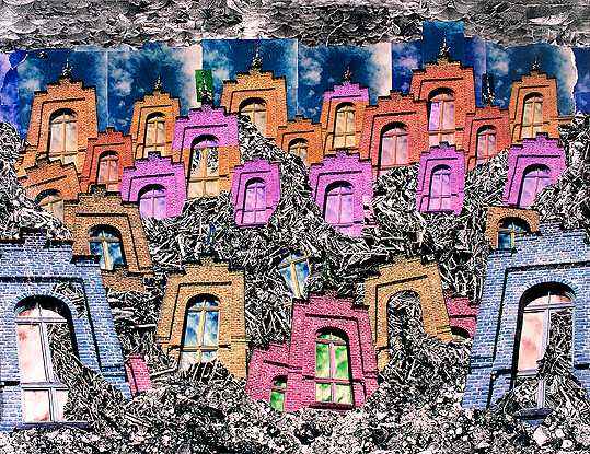 Stadt im Treibholz  2002  49 x 62,7 cm  Collage auf Papier